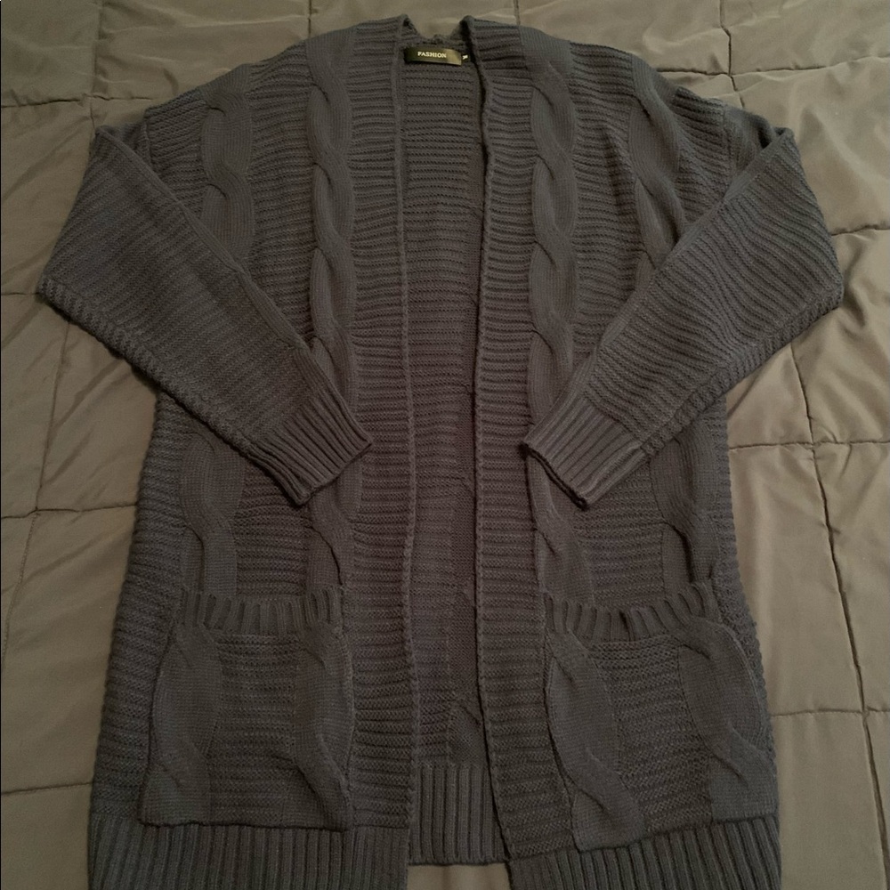 Long navy cable knit cardigan